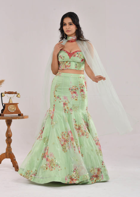 Mint Green Floral Hand-Embroidered Glass Tissue Fishcut Lehenga