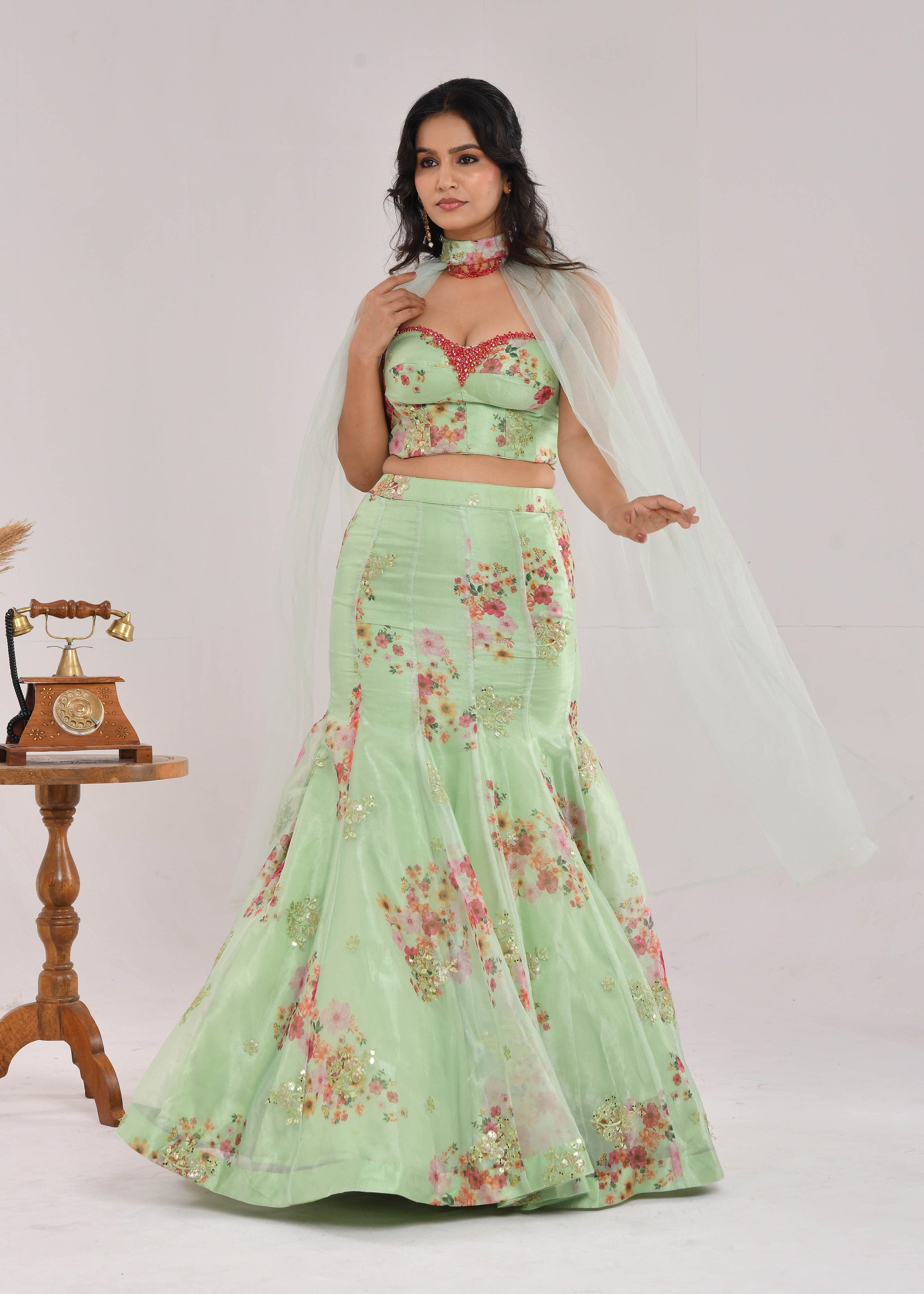 Mint Green Floral Hand-Embroidered Glass Tissue Fishcut Lehenga