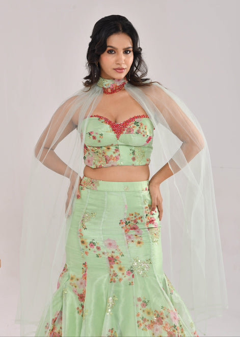 Mint Green Floral Hand-Embroidered Glass Tissue Fishcut Lehenga