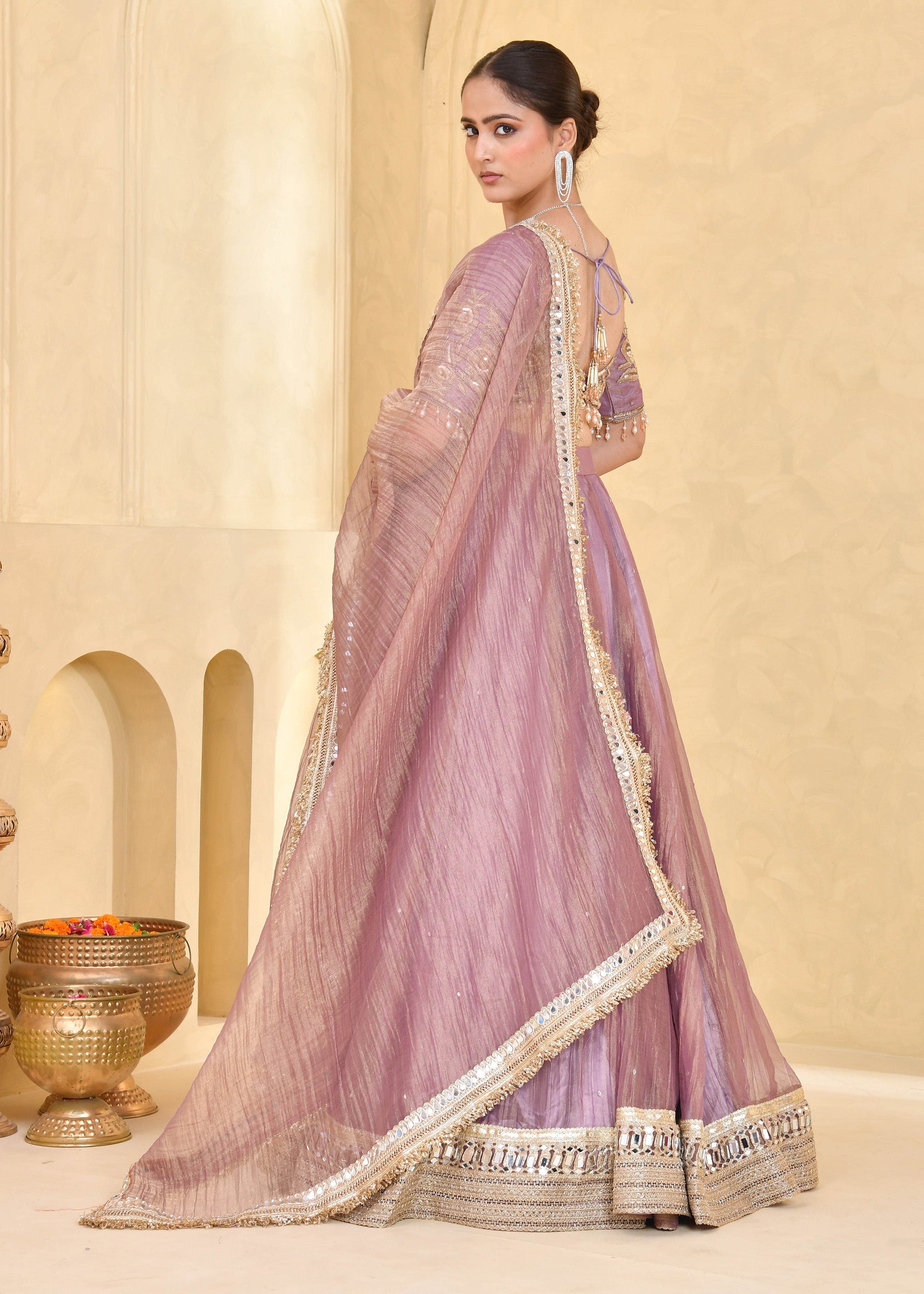 Mauve Purple Hand-Embroidered Tissue Lehenga