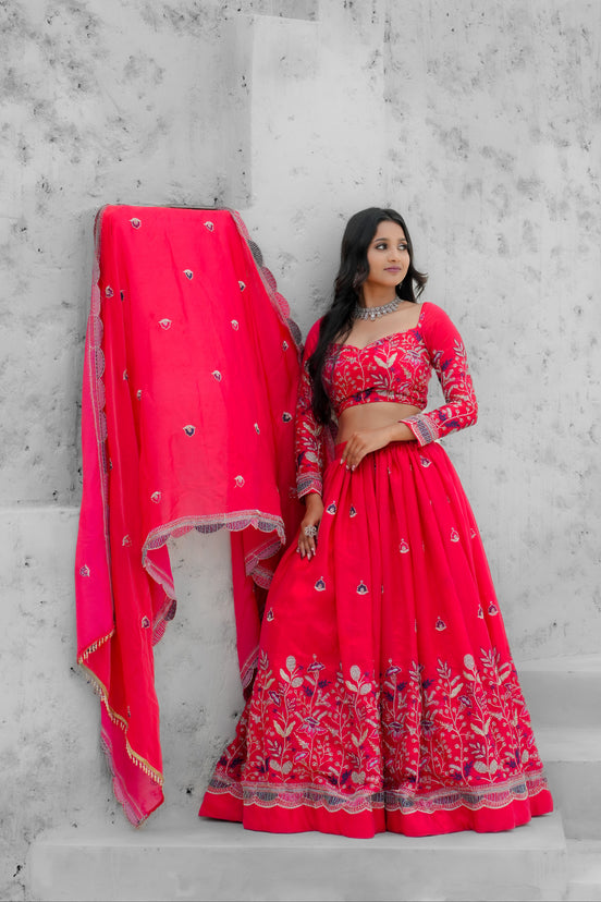 Red Hand Embroidered Silk Lehenga