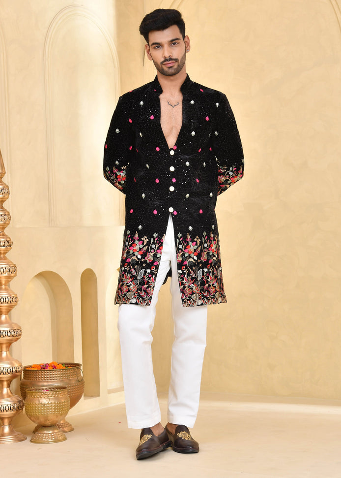 Black Embroidered Velvet Indo-Western Suit