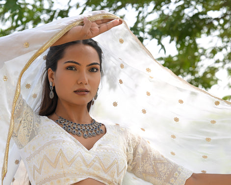 White and Beige Thread Patterned Embroidered Georgette Lehenga