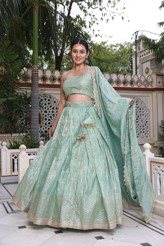 Mint Green Embroidered Raw Silk Lehenga