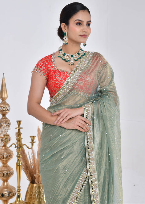 Sage Green Hand-Embroidered Tissue Saree