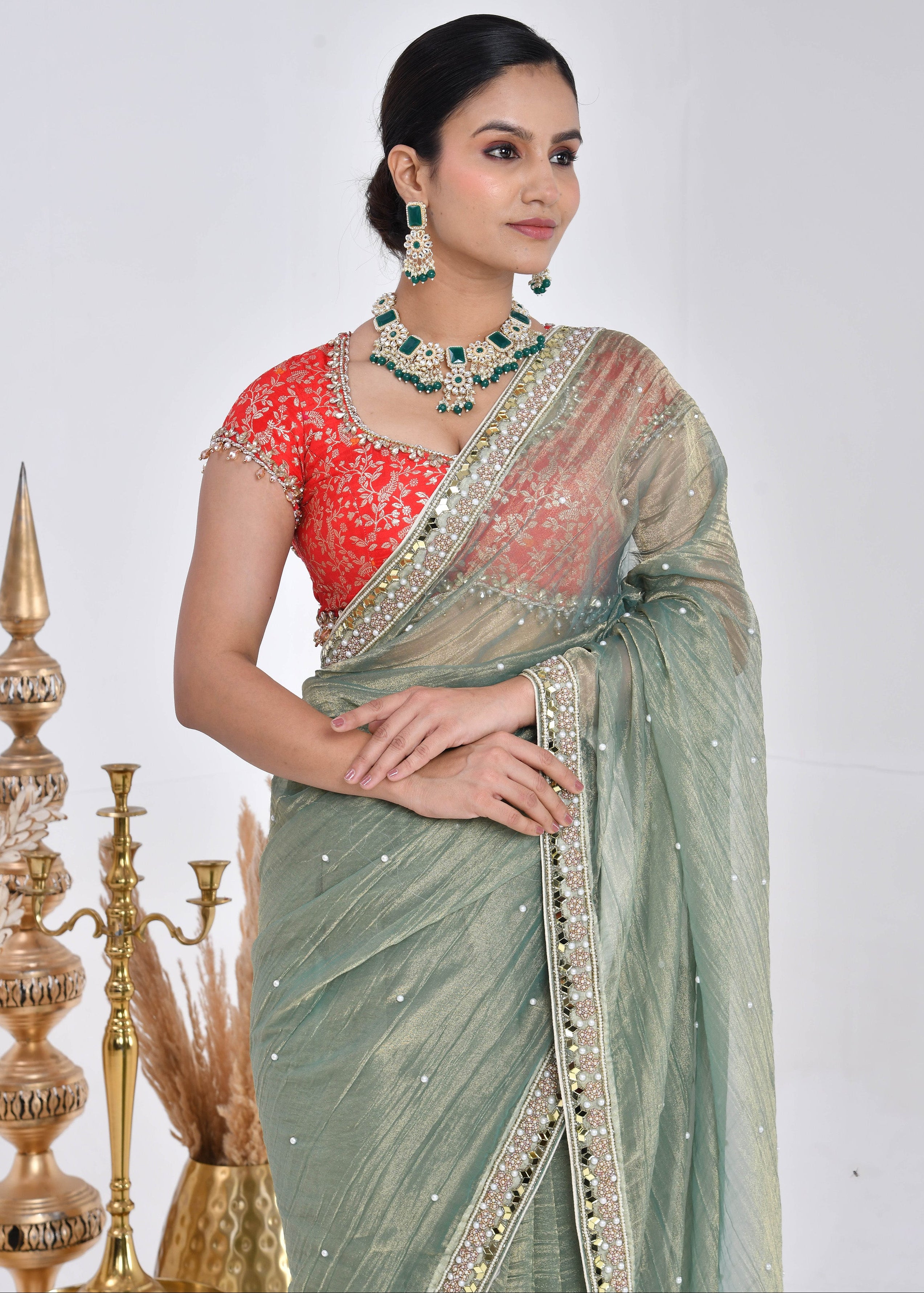Sage Green Hand-Embroidered Tissue Saree