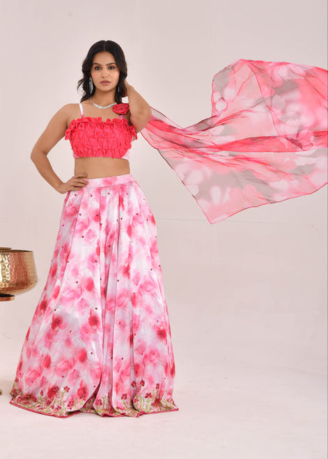 Pink Floral Hand-Embroidered Satin Silk Lehenga