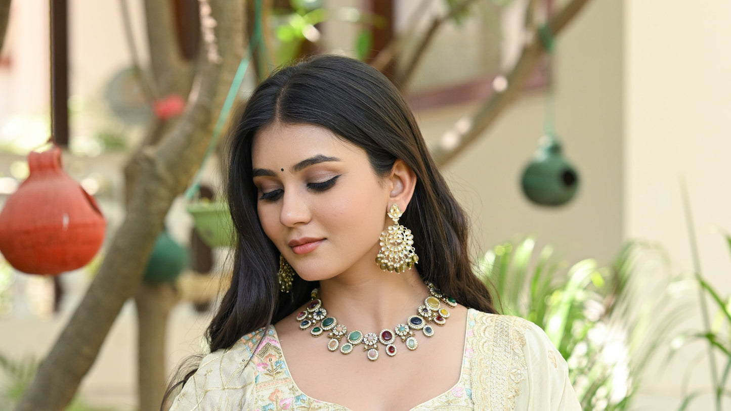 Beige Multicolor Floral Embroidered Silk Anarkali