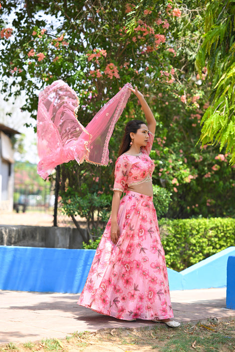 Pink Multicolor Floral Embellished Organza Lehenga