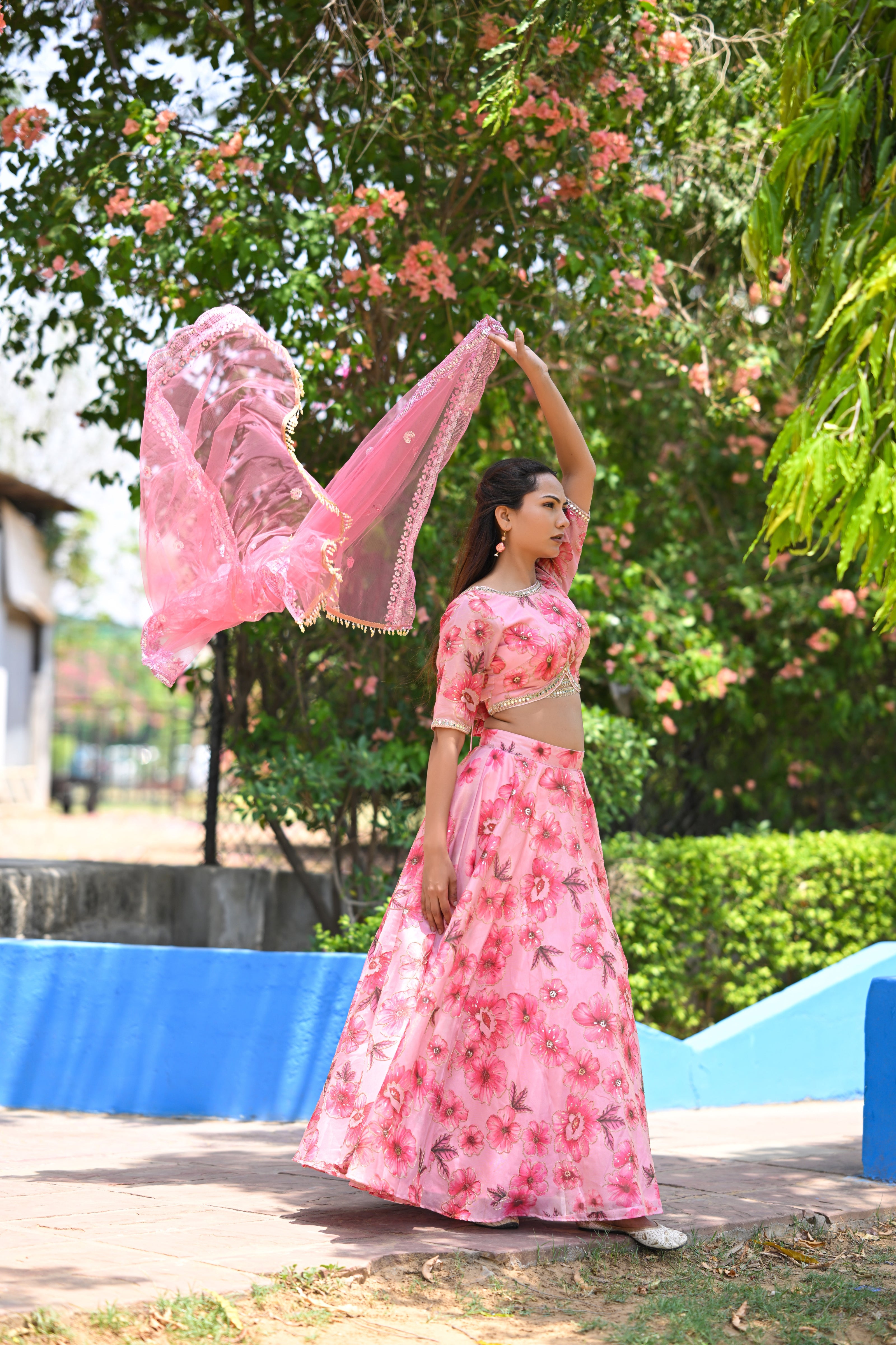 Pink Multicolor Floral Embellished Organza Lehenga