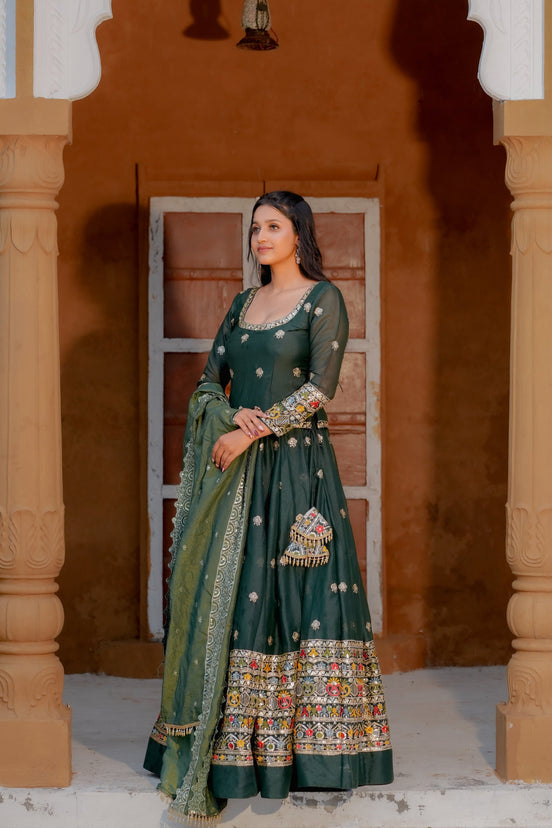 Green Embroidered Georgette Lehenga