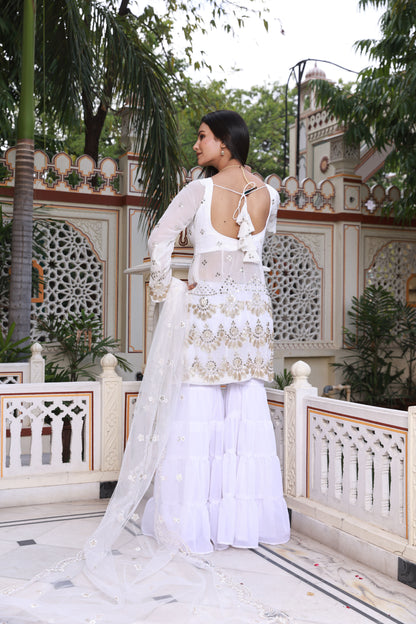 White Sparkle Embroidered Georgette Garara