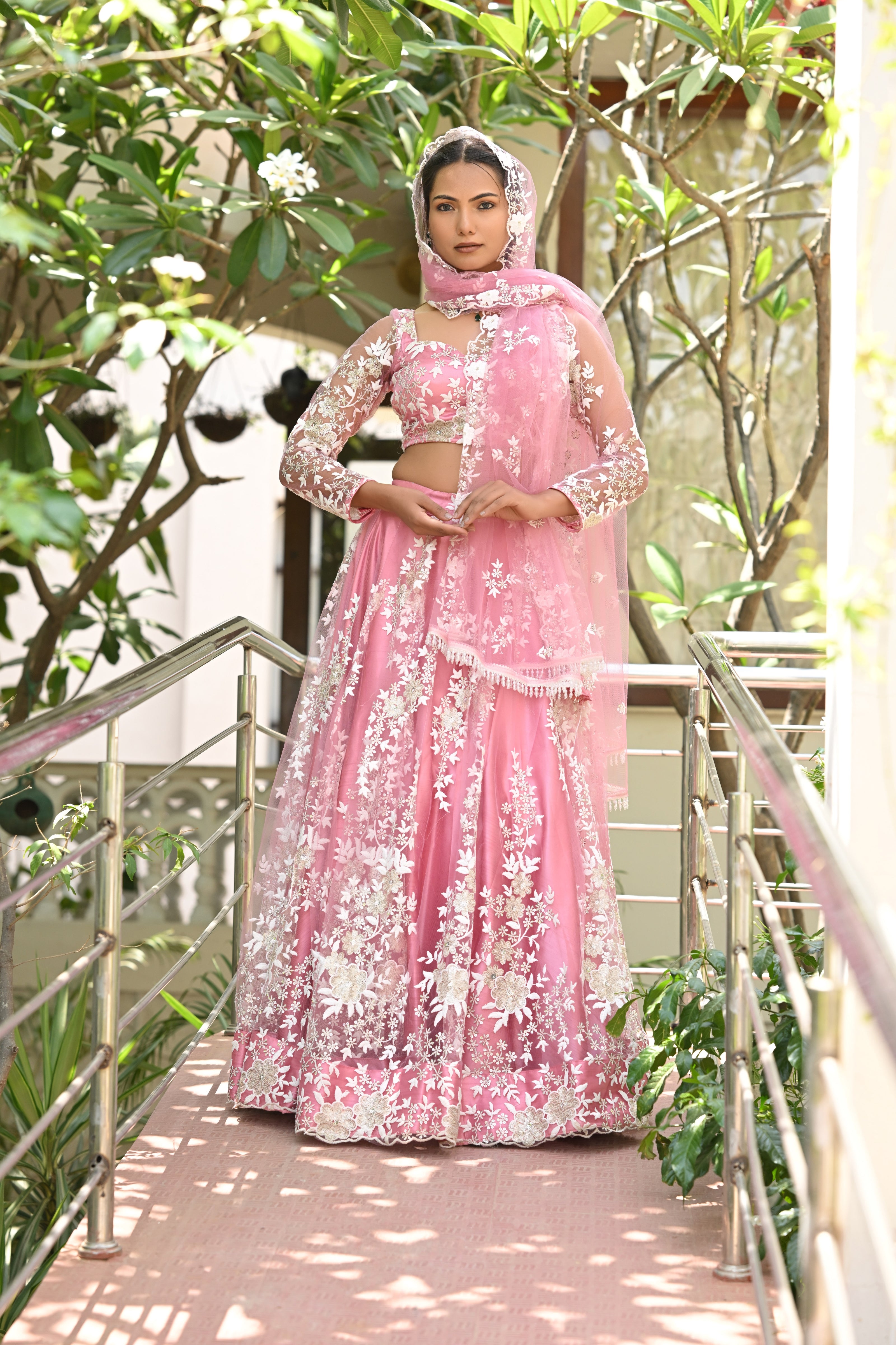 Pink Sparkle Embroidered Net Lehenga