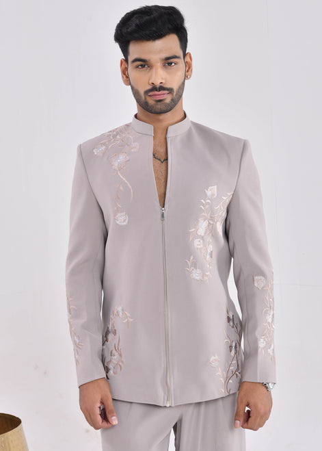 Taupe Embroidered Crepe Bandhgala Indo-Western Suit