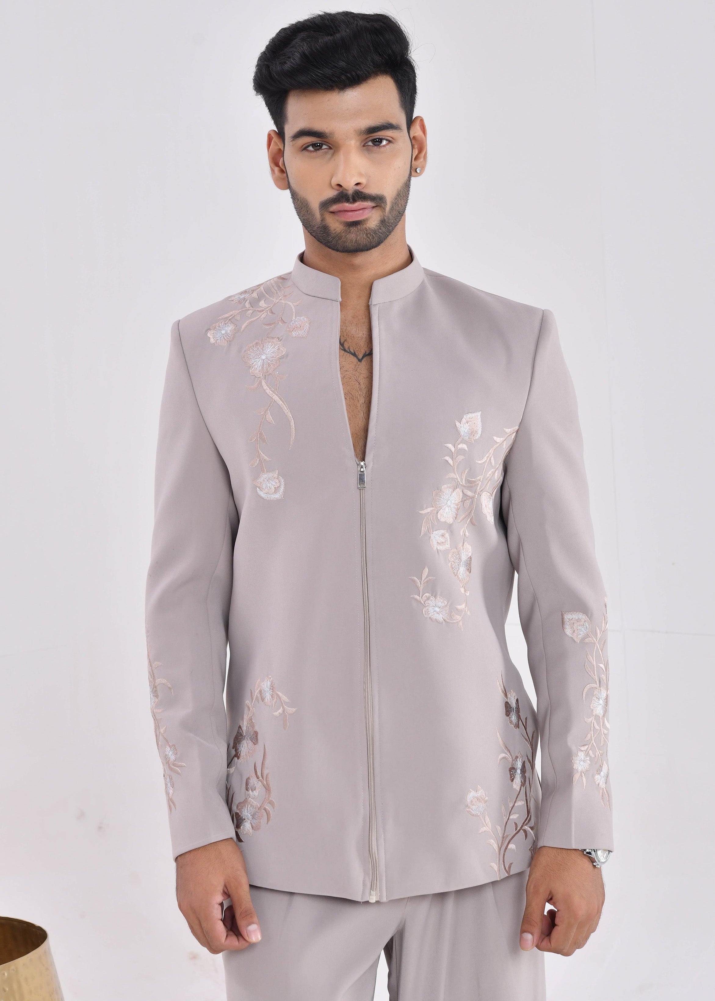 Taupe Embroidered Crepe Bandhgala Indo-Western Suit