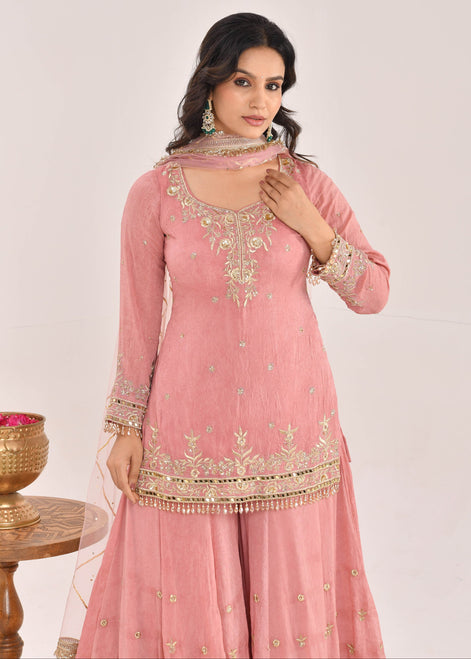 Dusty Peach Embroidered Satin Sharara Suit