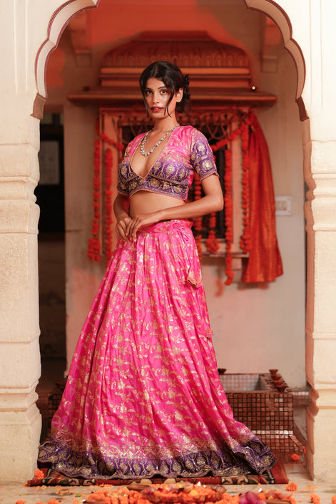 Pink and Purple Embroidered Banarasi Silk Lehenga