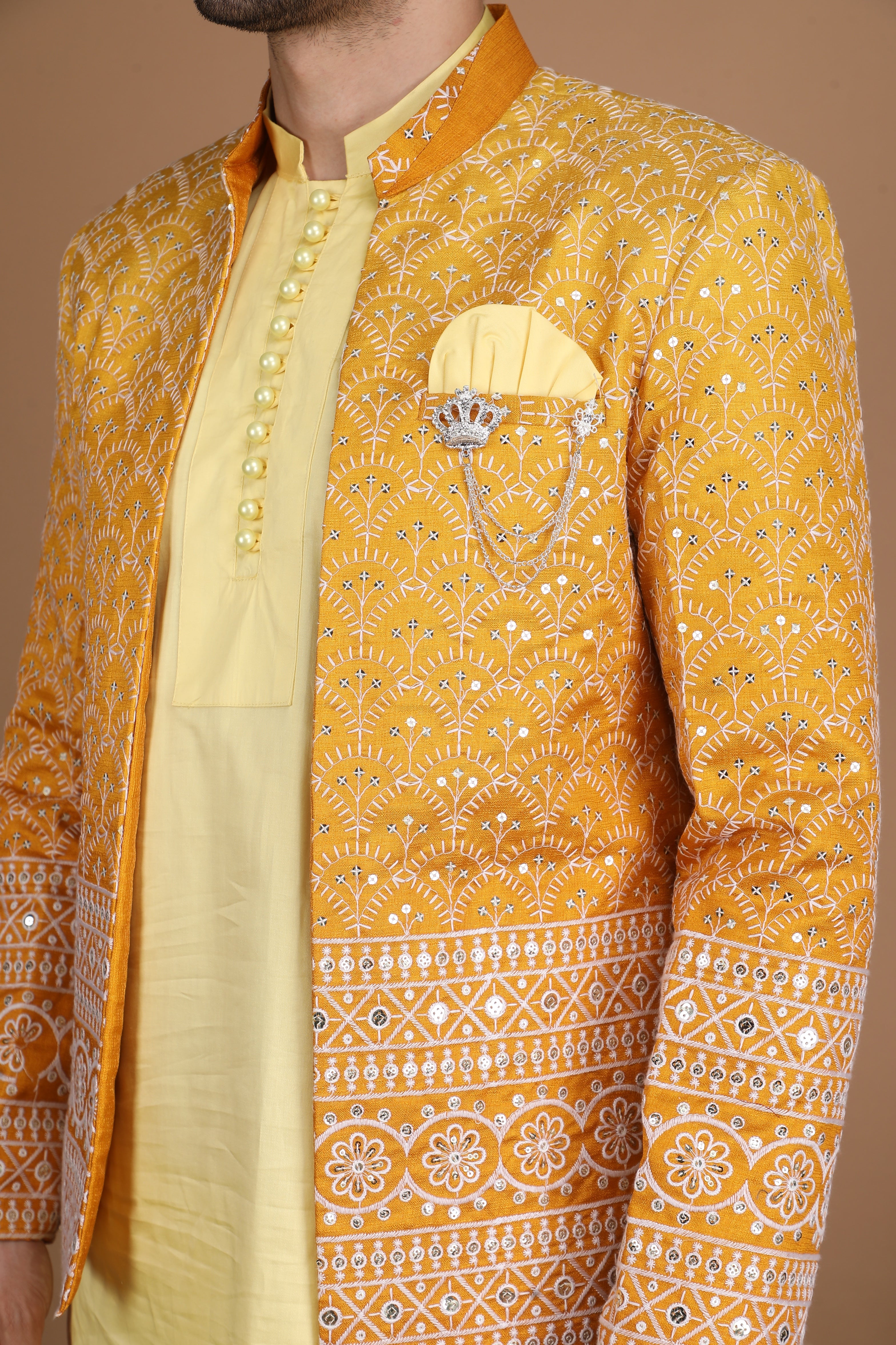 Yellow and Gold Silk Nehru Jacket Set