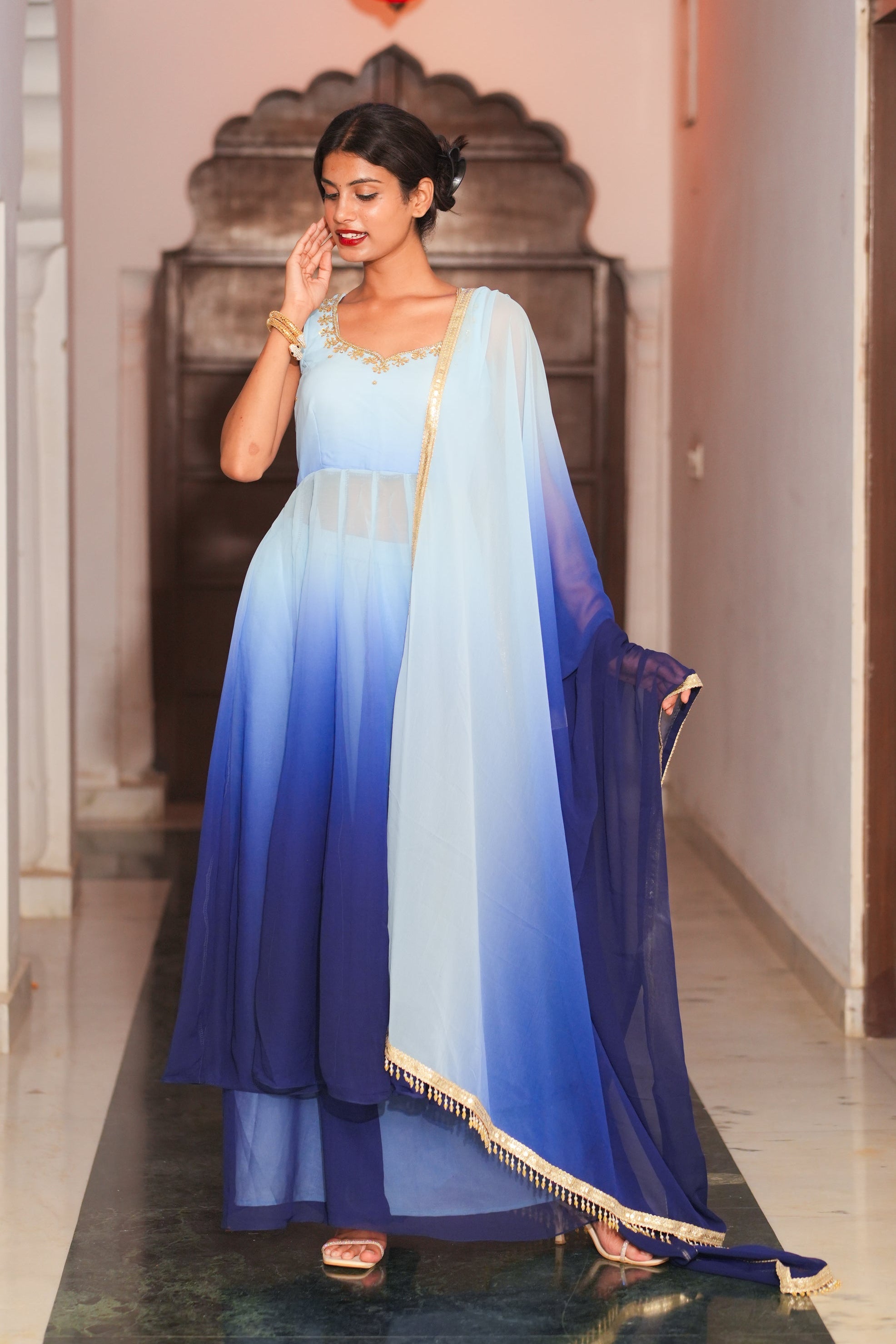 Blue Gradient Hand Embroidery Georgette Anarkali