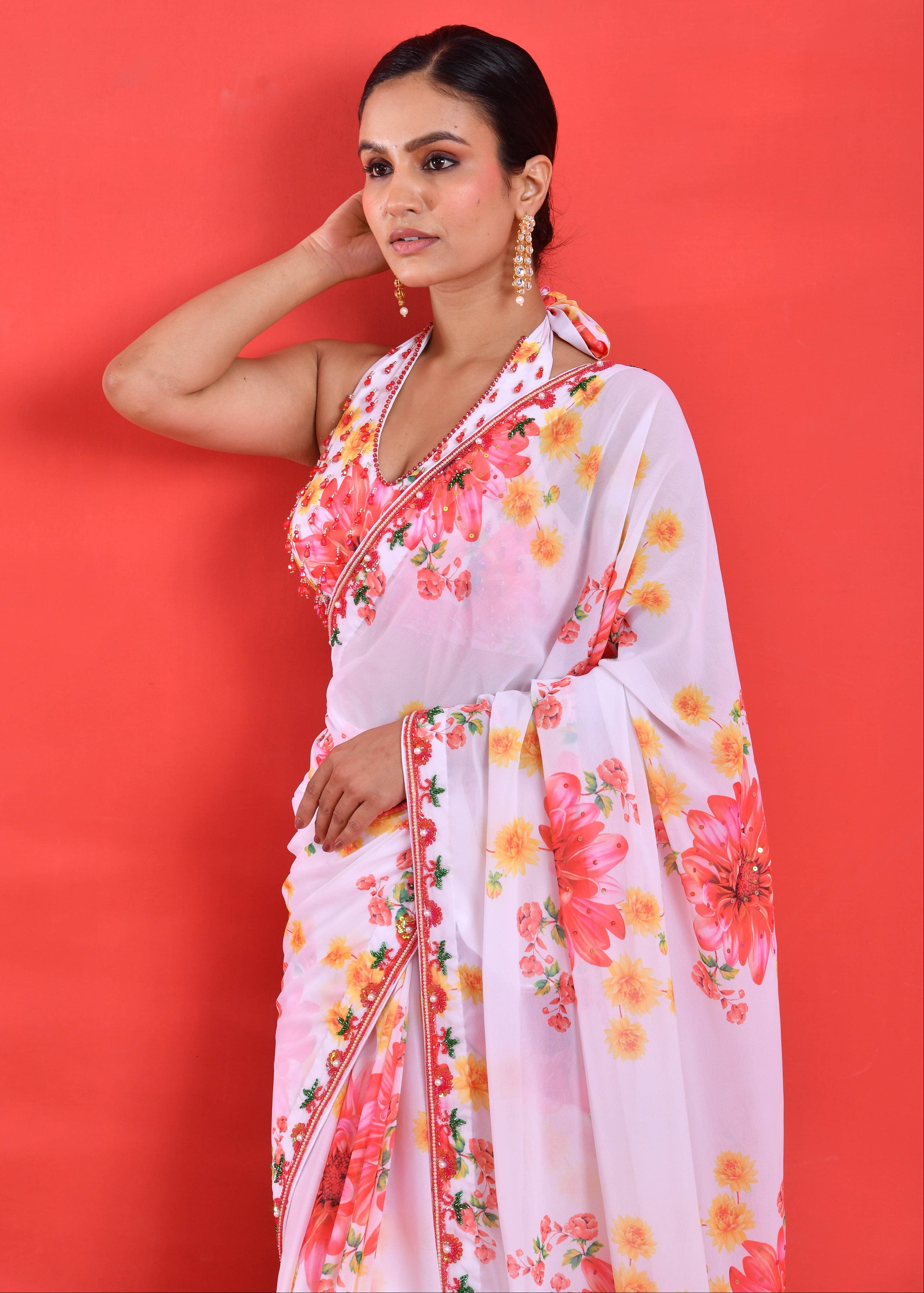 White Floral Hand-Embroidered Georgette Saree