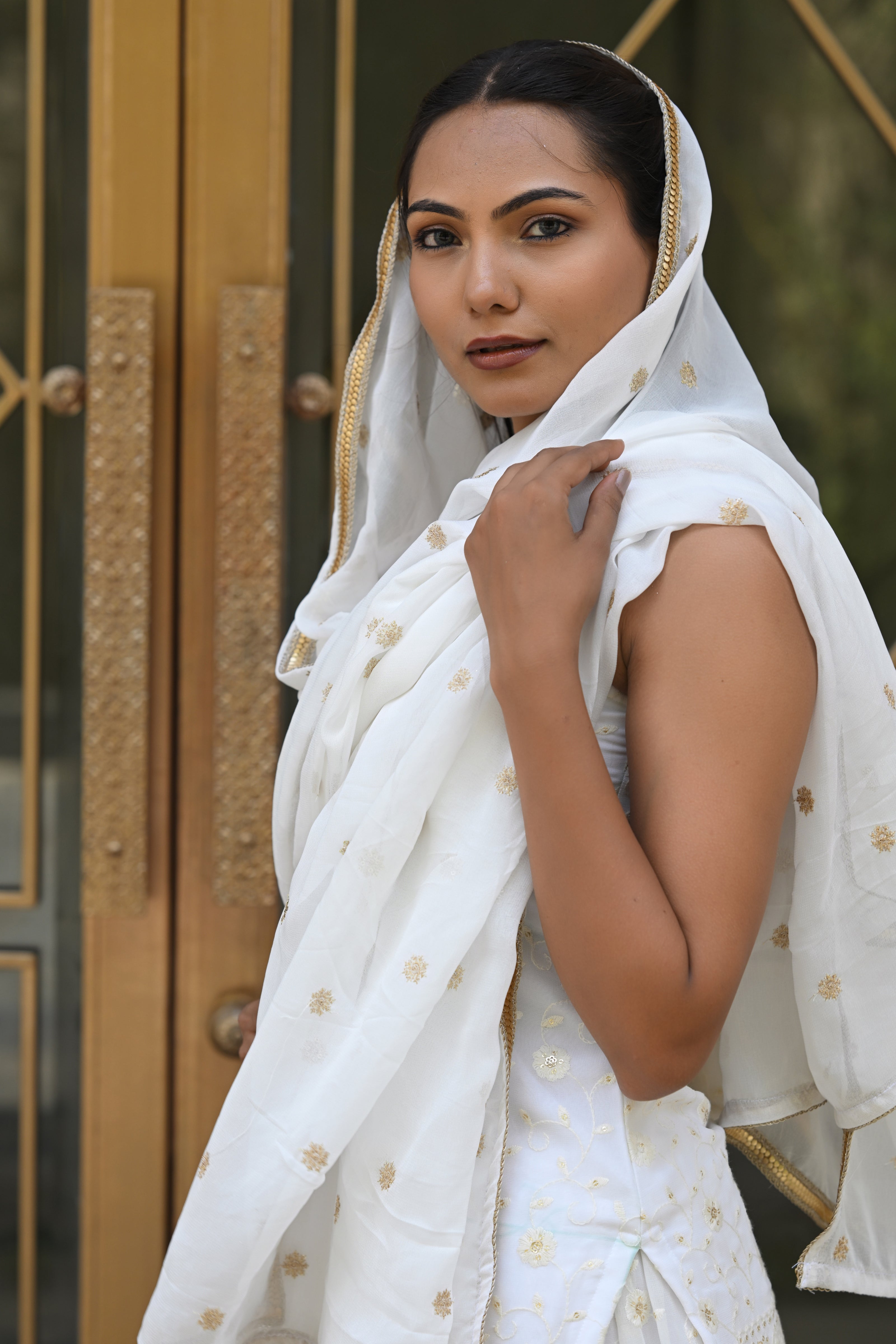 White and Gold Patterned Embroidered Sharara