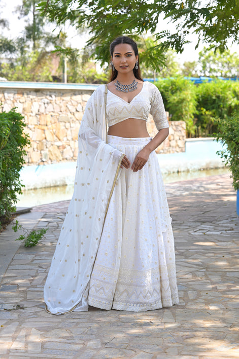 White and Beige Thread Patterned Embroidered Georgette Lehenga