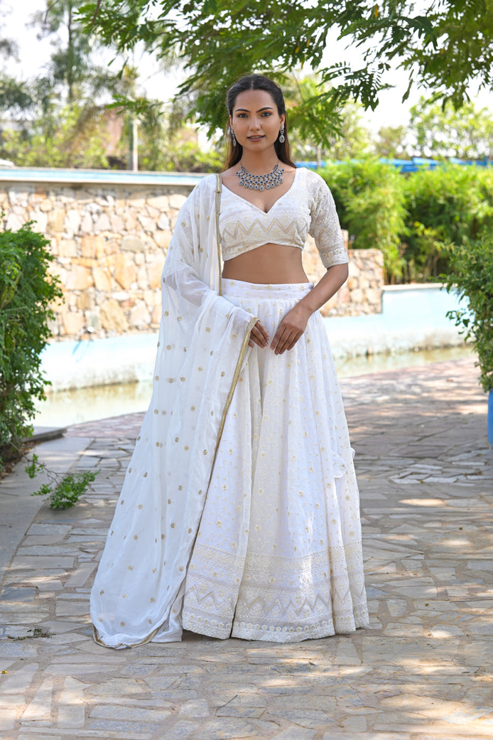White and Beige Thread Patterned Embroidered Georgette Lehenga