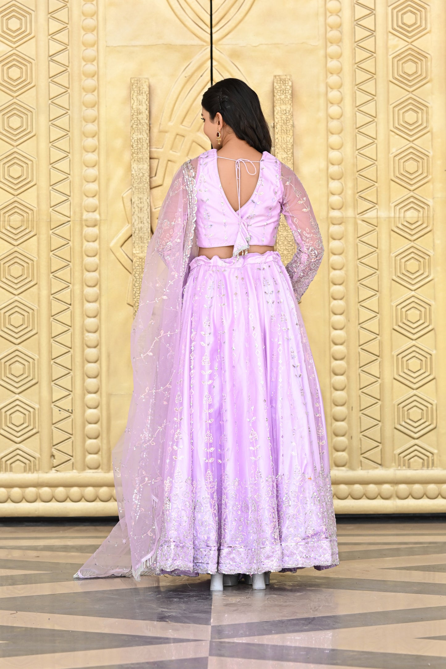 Lavender Pink Sparkle Embroidered Net Lehenga
