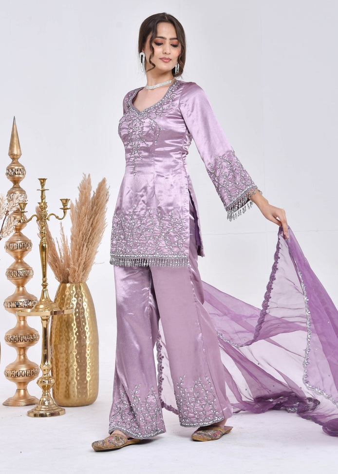 Mauve Hand-Embroidered Satin Sharara Suit