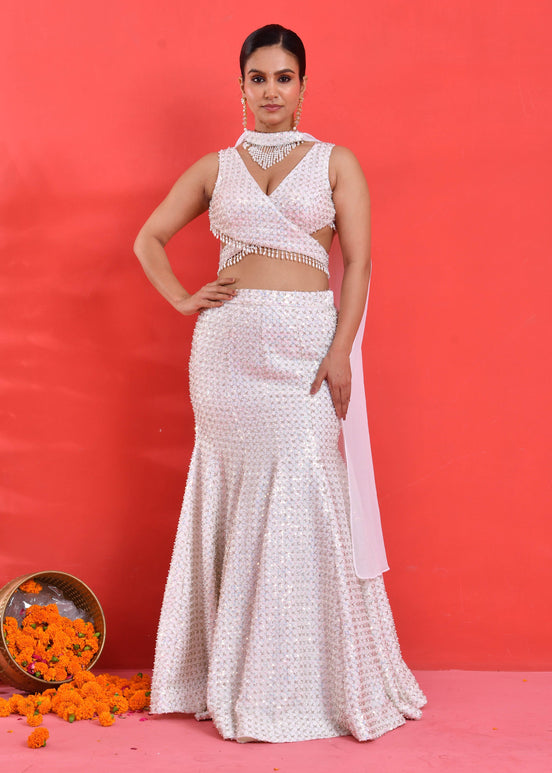 Ivory Hand-Embroidered Georgette Fishcut Lehenga