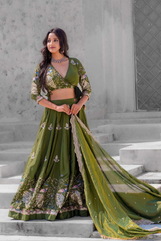 Olive Green Embroidered Silk Lehenga