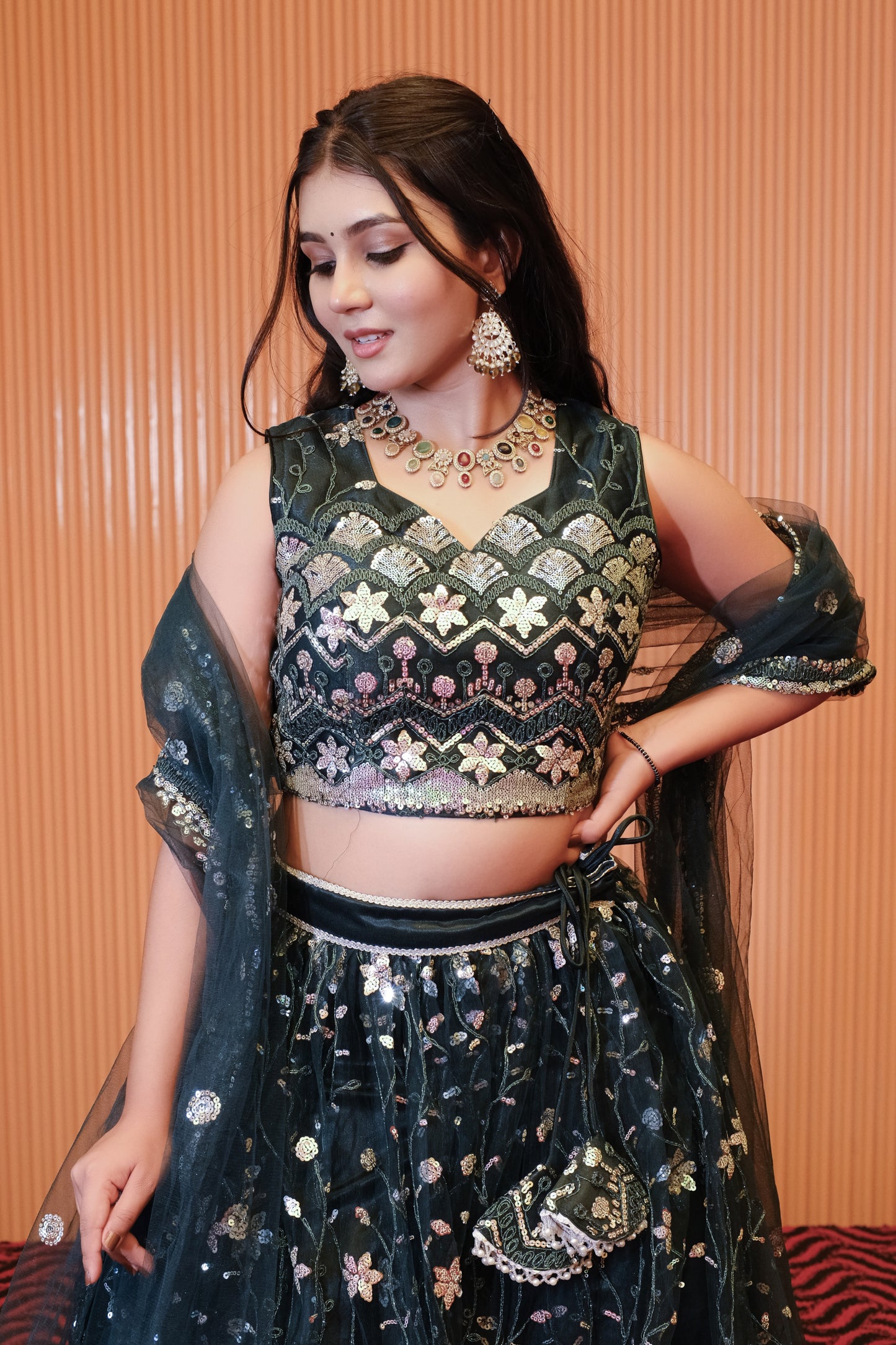 Dark Teal Sparkle Embroidered Net Lehenga