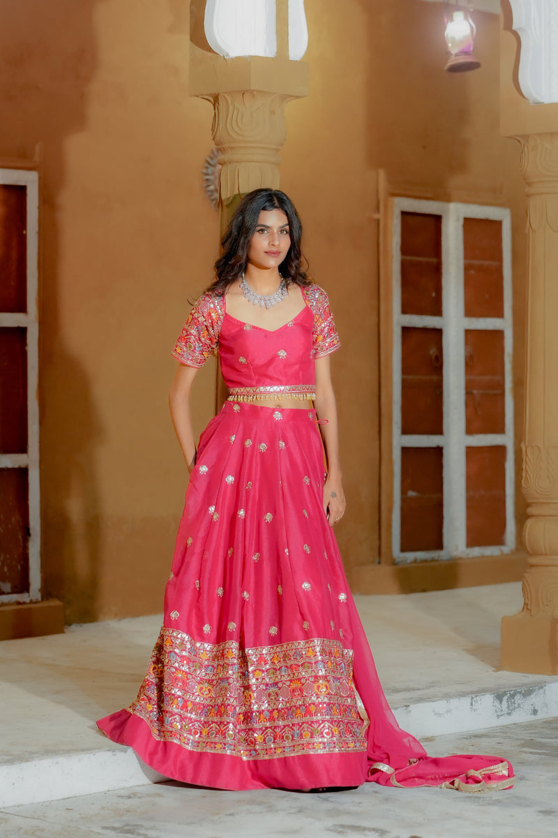 Pink Embroidered Georgette Lehenga