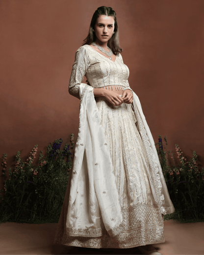Off-White Embroidered Silk Lehenga