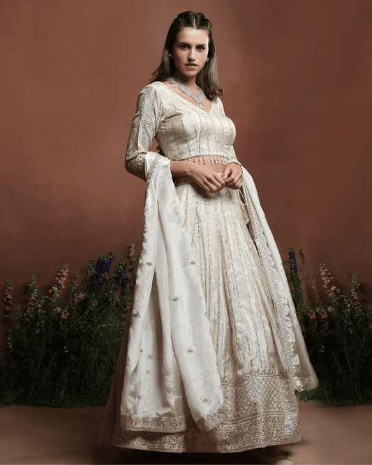 Off-White Embroidered Silk Lehenga