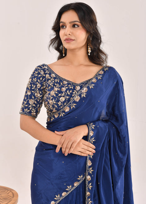 Dark Blue Hand-Embroidered Silk Saree
