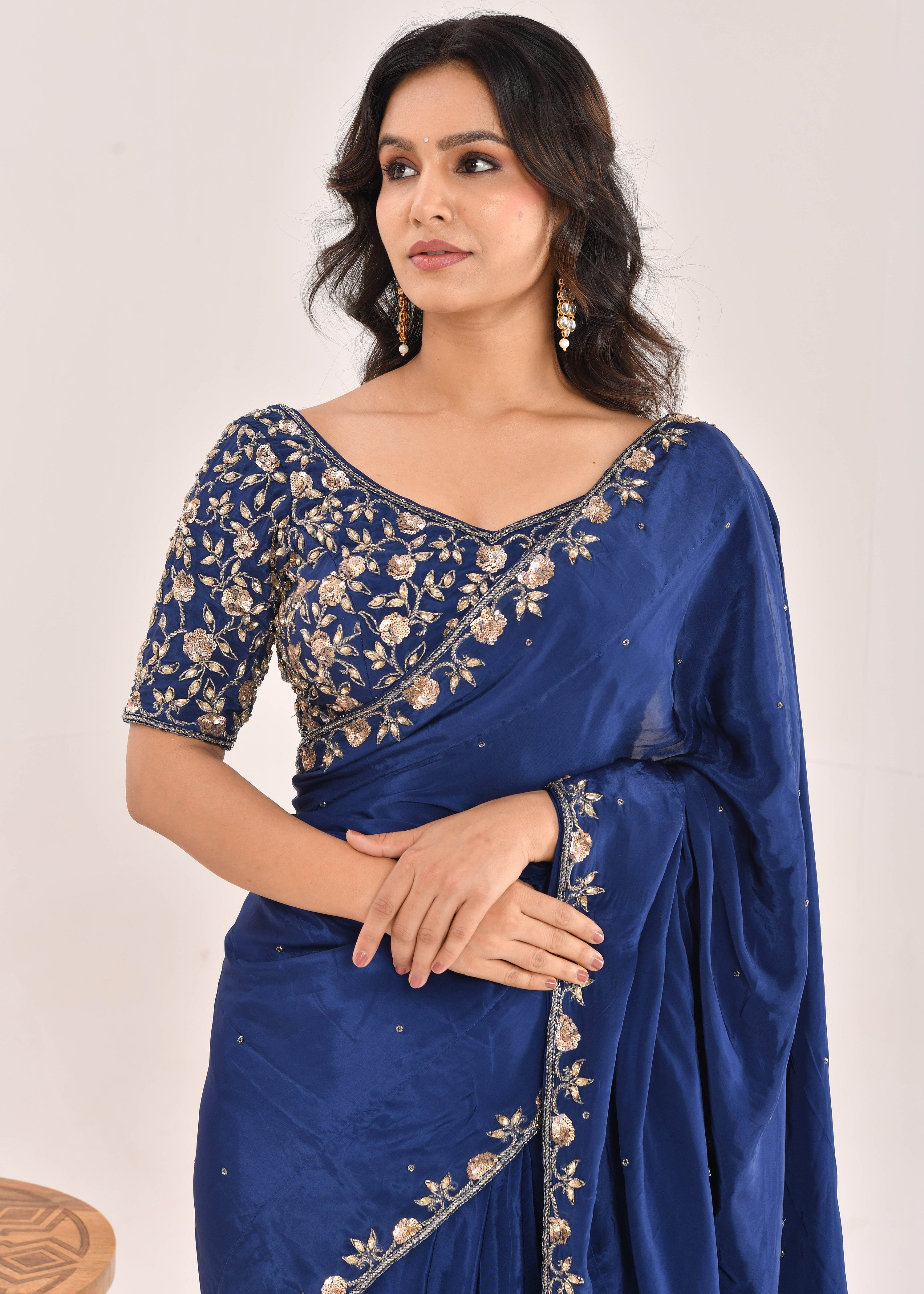 Dark Blue Hand-Embroidered Silk Saree
