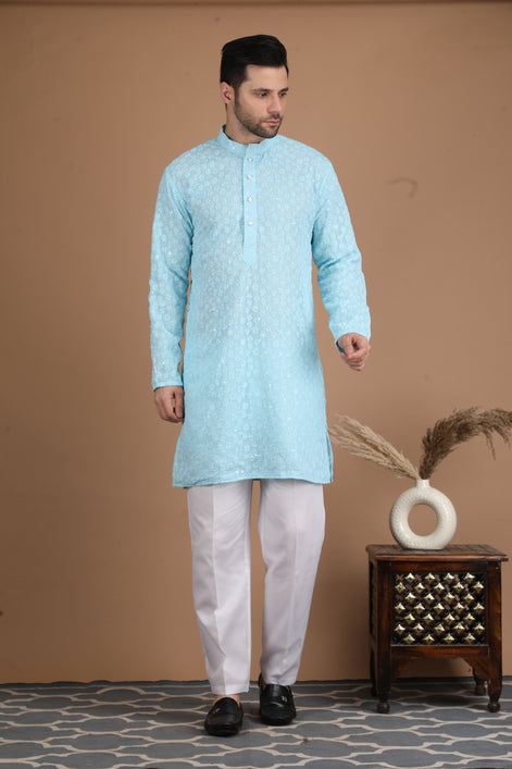 Baby Blue Embroidered Georgette Kurta Set