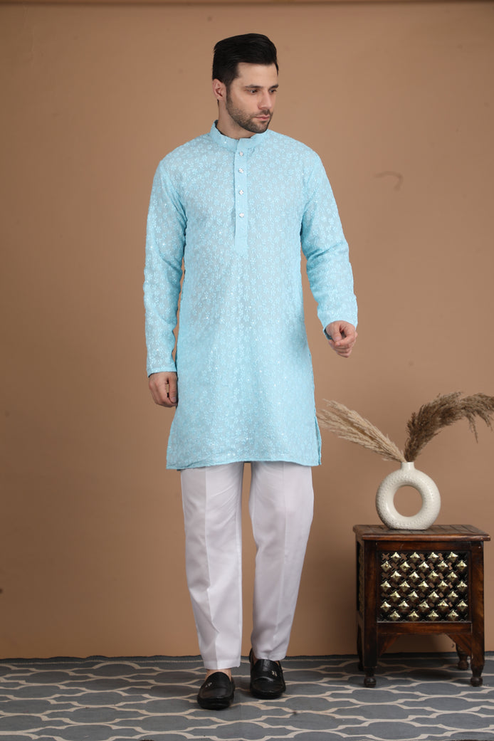 Baby Blue Embroidered Georgette Kurta Set