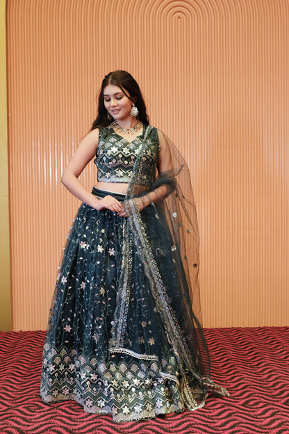 Dark Teal Sparkle Embroidered Net Lehenga