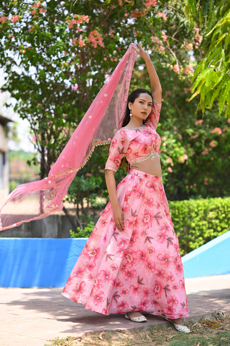 Pink Multicolor Floral Embellished Organza Lehenga
