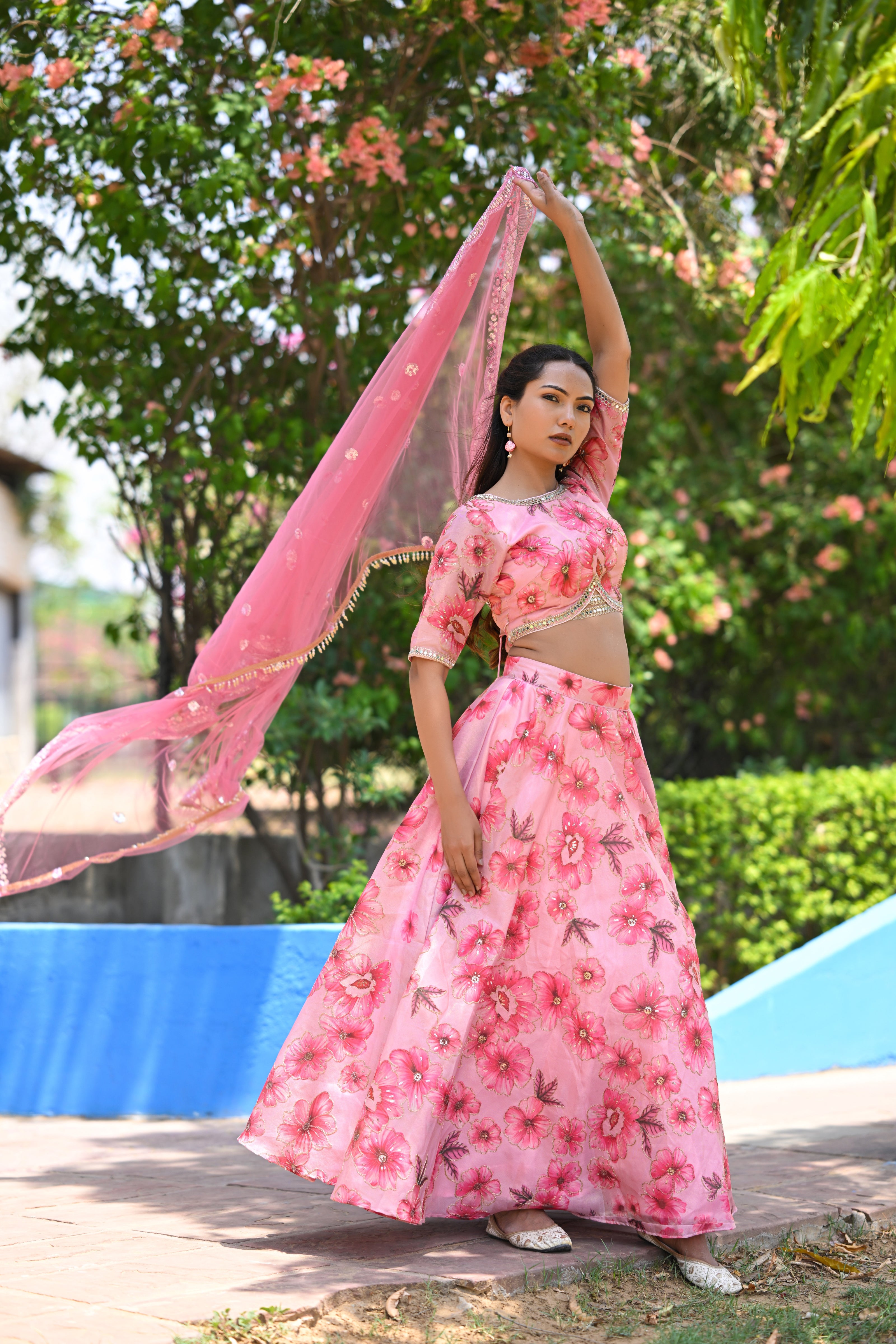 Pink Multicolor Floral Embellished Organza Lehenga
