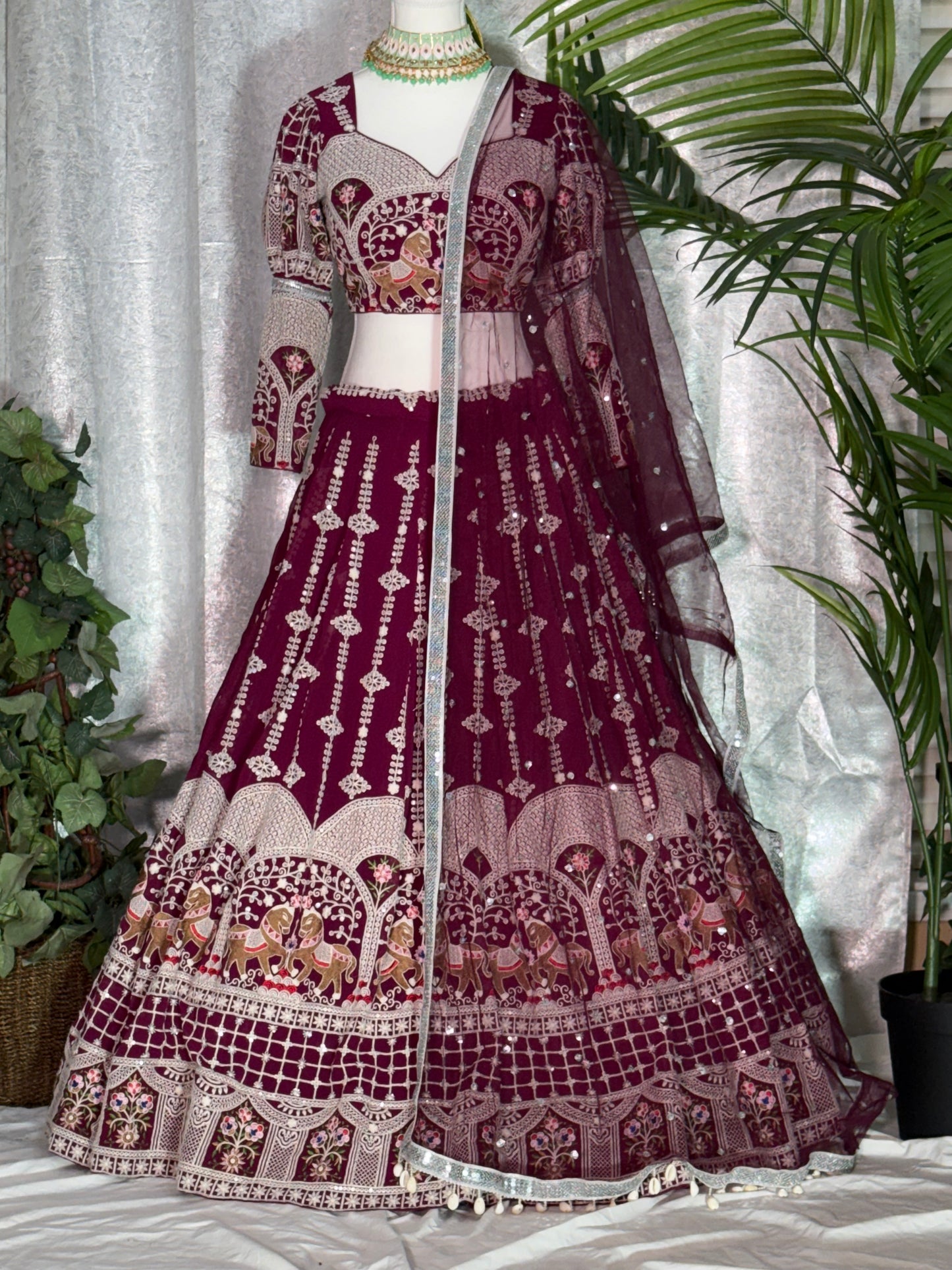 Deep Maroon Pure Georgette Lehenga with Intricate White & Gold Embroidery