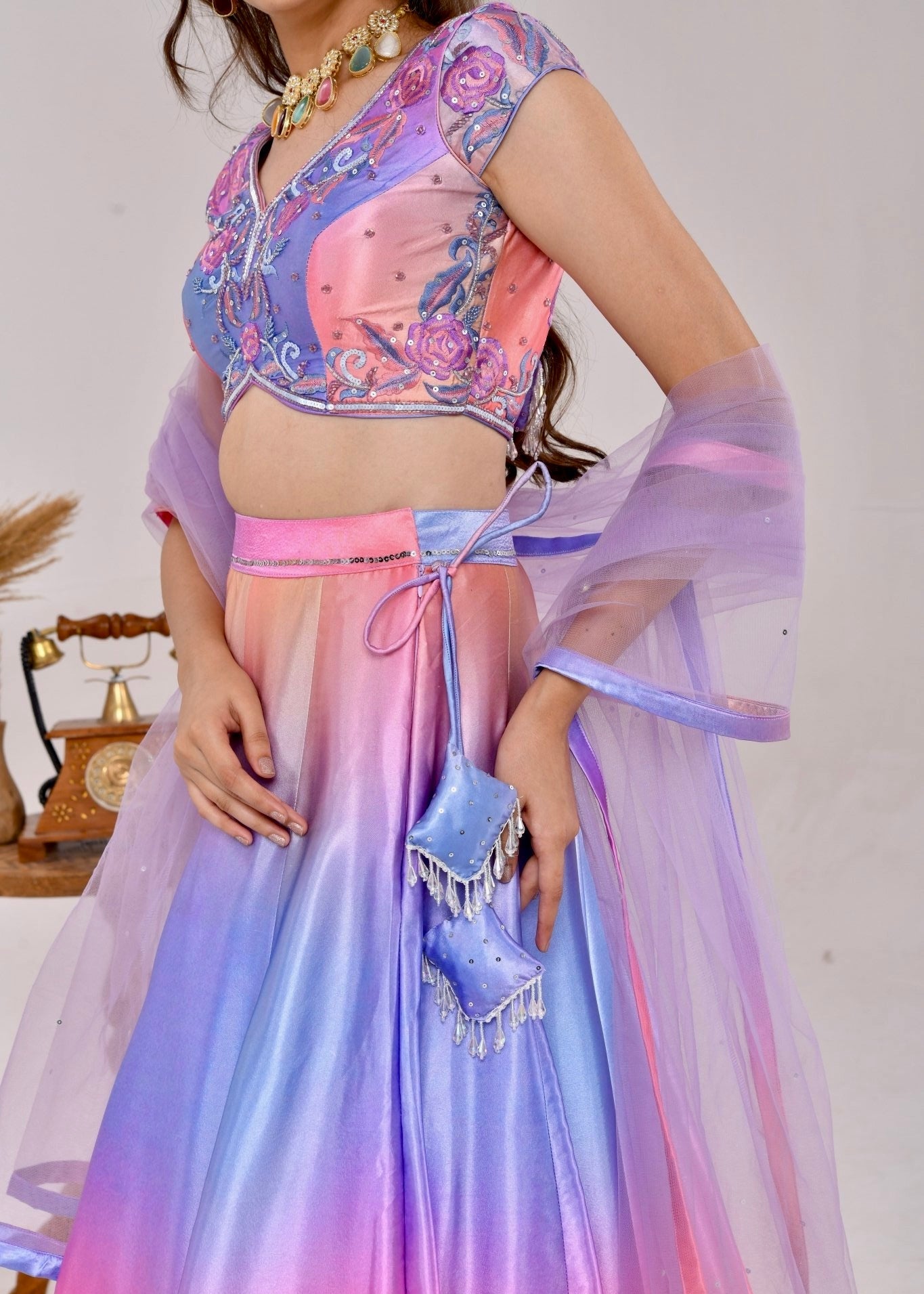 Multicolor Floral Hand-Embroidered Satin Silk Lehenga