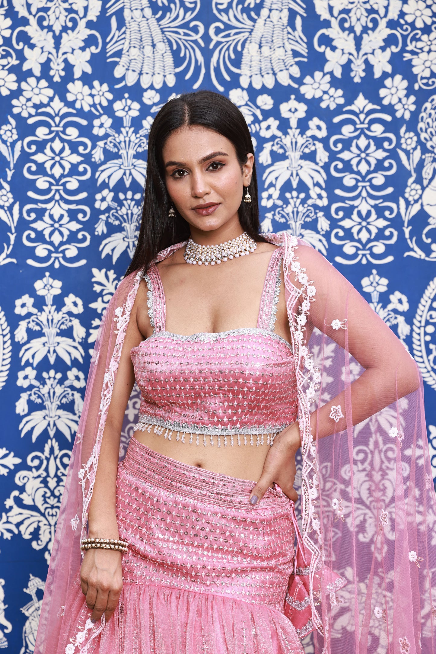 Pink Trumpet-Style Hand-Work Silk Lehenga