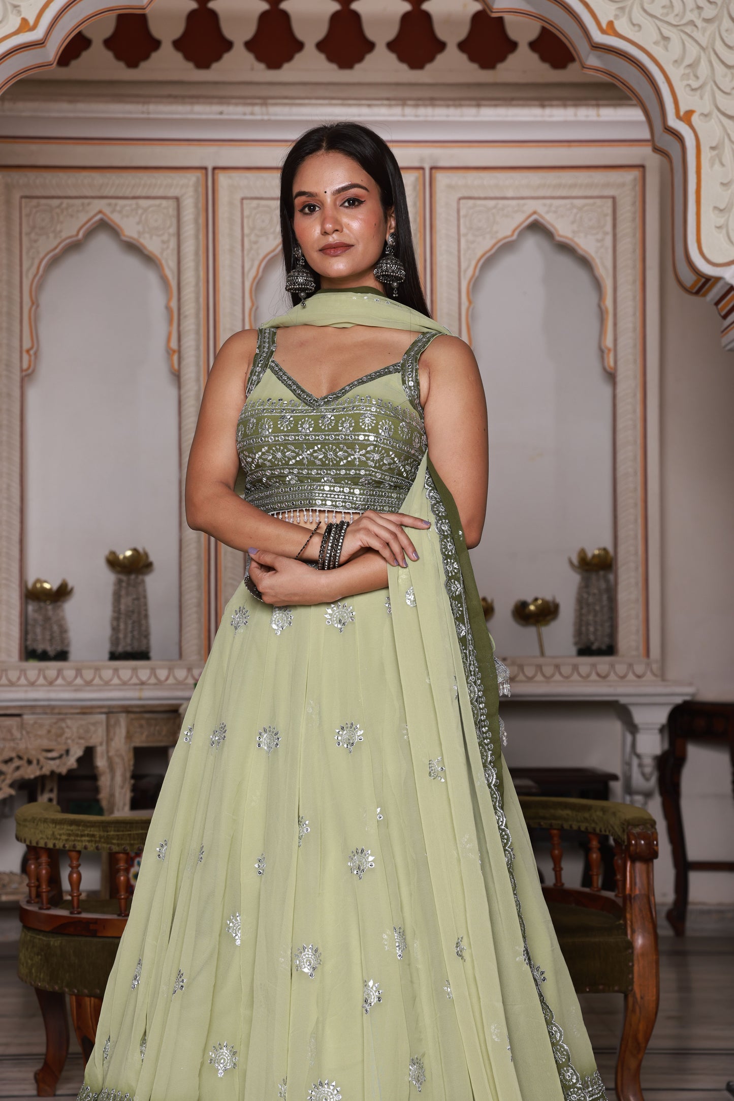 Light Green and Green Embroidered Georgette Lehenga