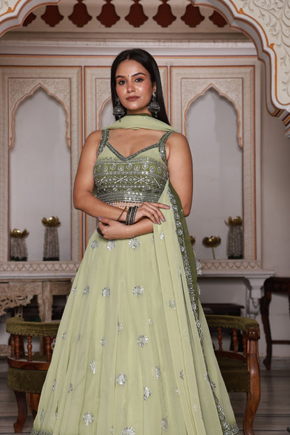 Light Green and Green Embroidered Georgette Lehenga