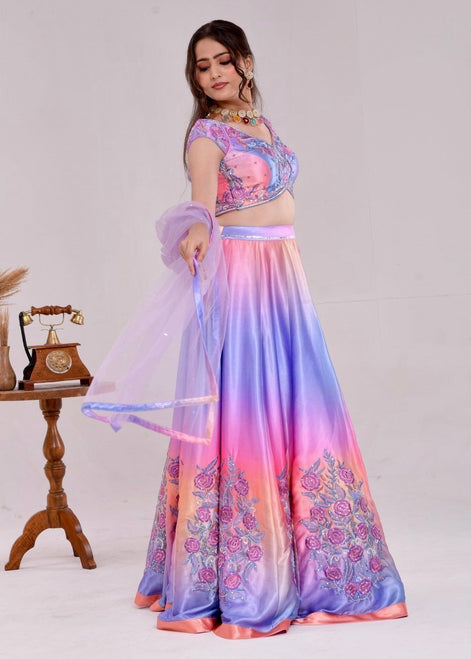 Multicolor Floral Hand-Embroidered Satin Silk Lehenga