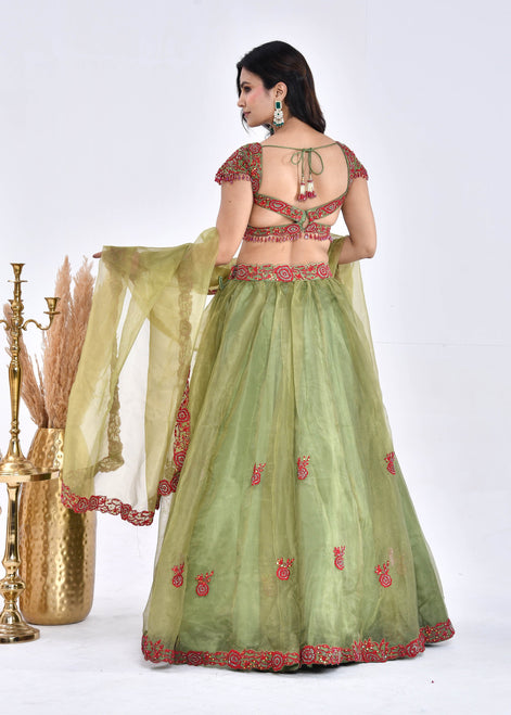 Olive Green Hand-Embroidered Silk Lehenga