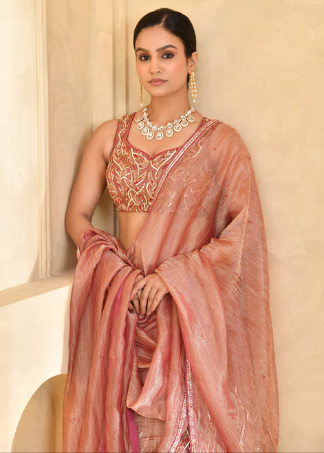 Rust Peach Hand-Embroidered Tissue Lehenga